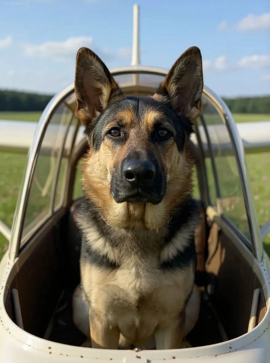 German Shepherd dog in an airplane cockpit wearing aviator goggles