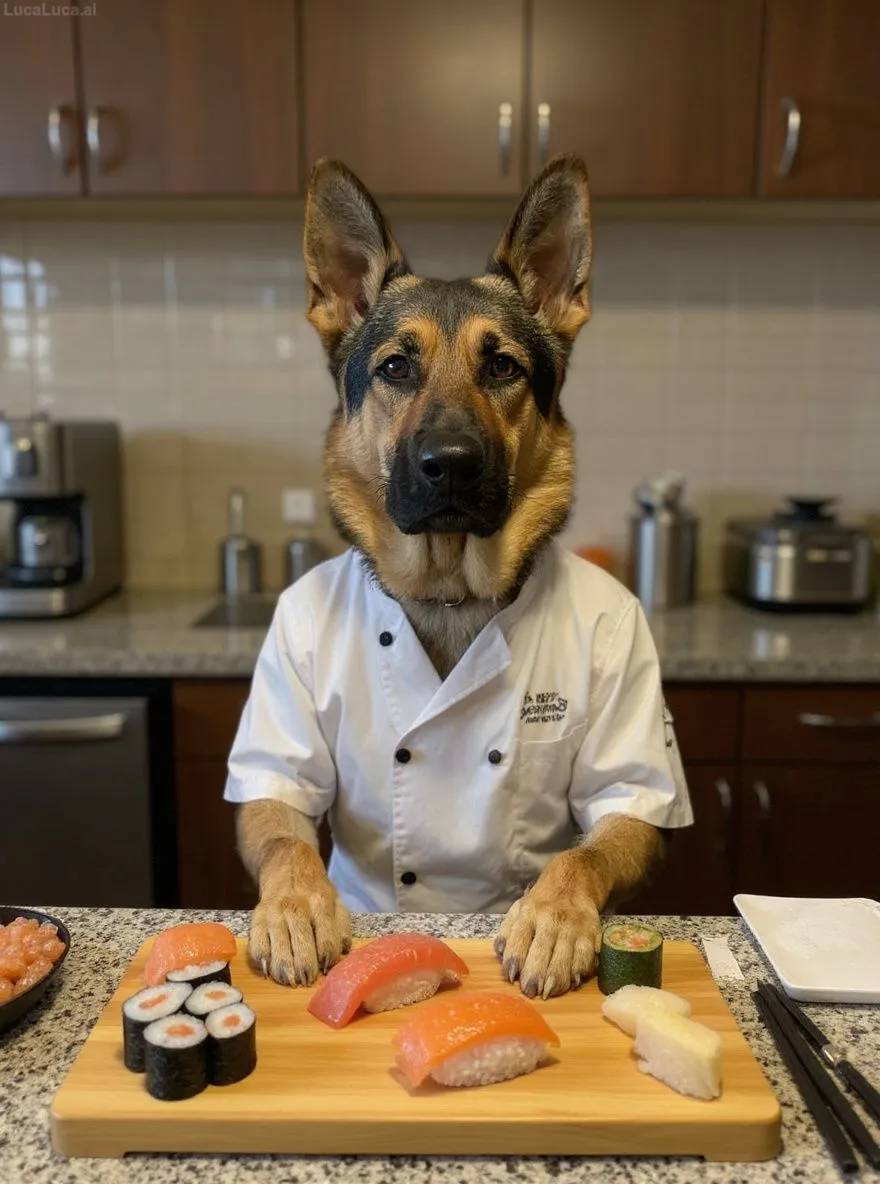 German Shepherd dog in traditional sushi chef costume behind a sushi counter