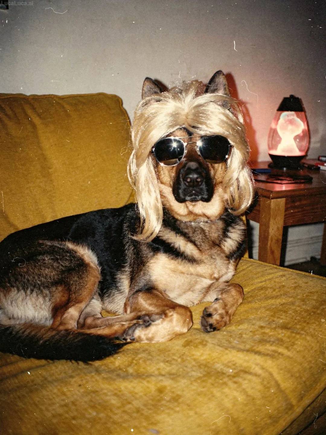 German Shepherd dog wearing a blonde wig and round sunglasses on a yellow sofa