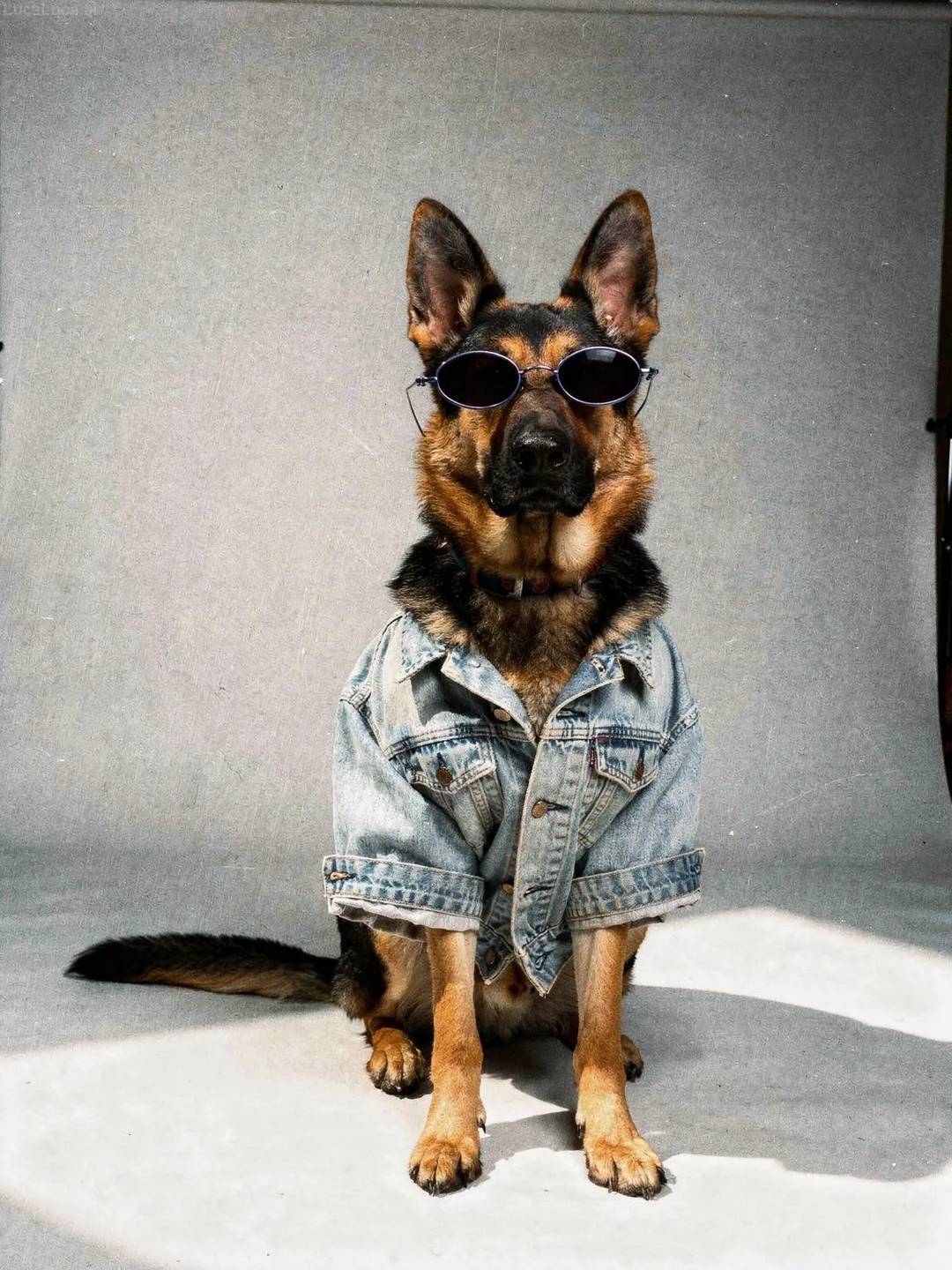 German Shepherd dog wearing a vintage denim jacket and oval sunglasses
