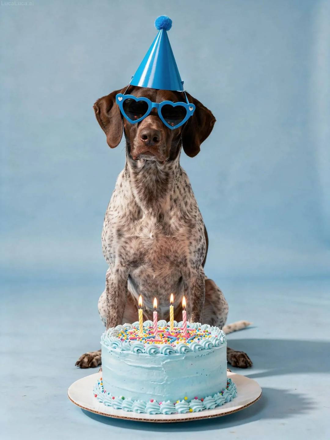 German Shorthaired Pointer dog wearing blue heart sunglasses with a pastel blue birthday cake