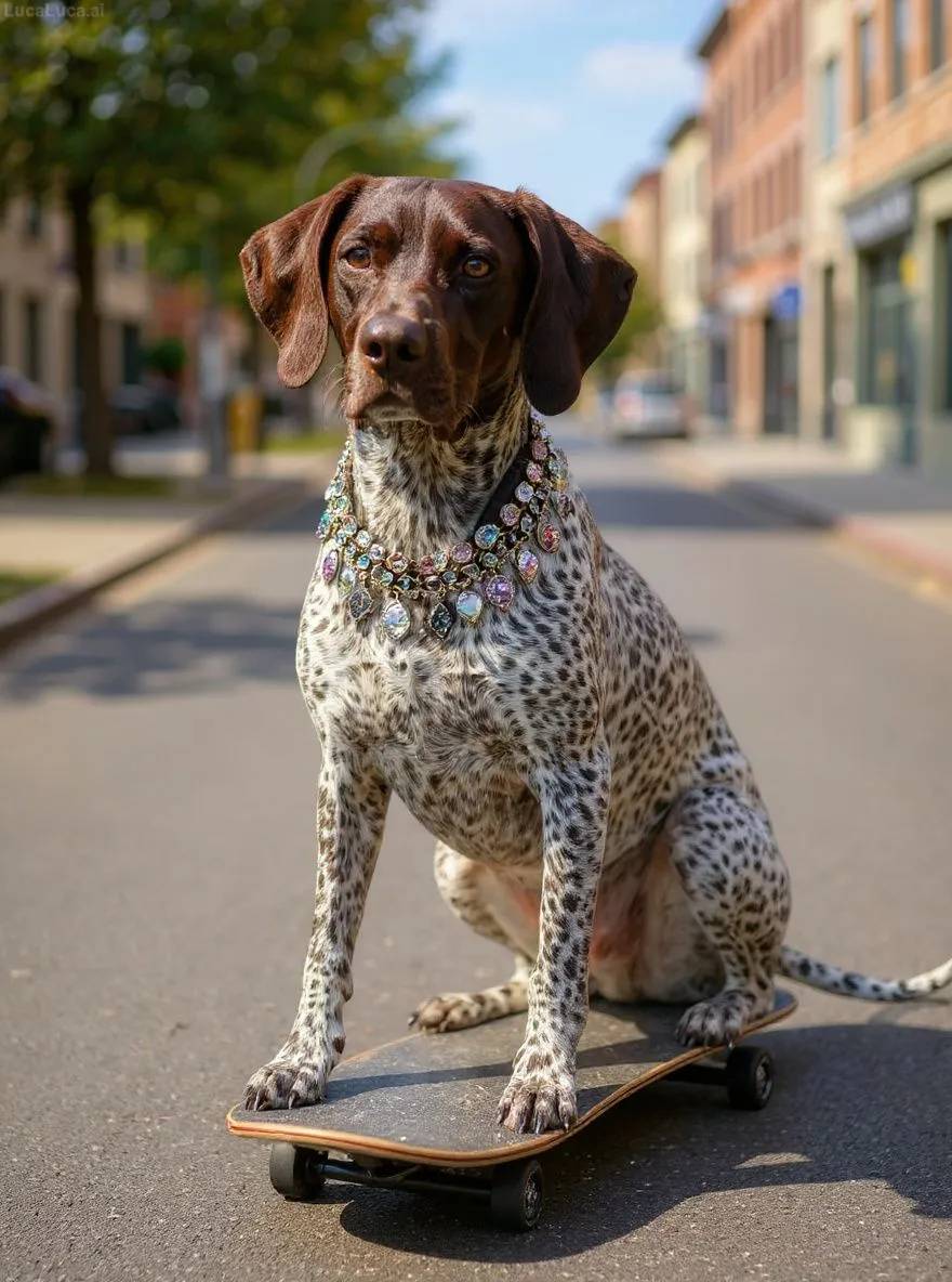 German Shorthaired Pointer dog as a blinged-out skater cruising down a chrome street