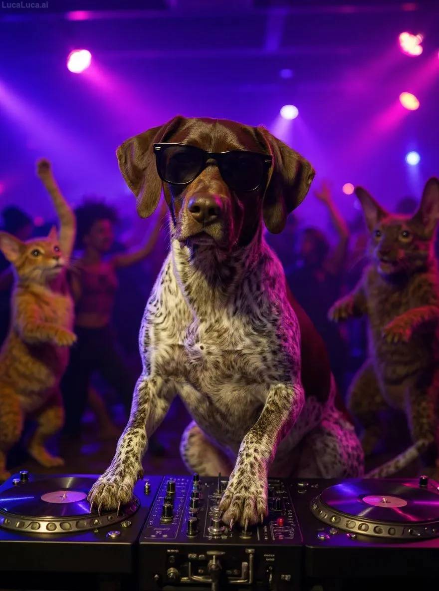 German Shorthaired Pointer dog wearing sunglasses with paws on turntables at a nightclub