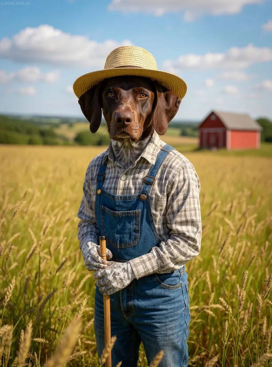 German Shorthaired Pointer dog wearing overalls and straw hat holding a pitchfork in a wheat field