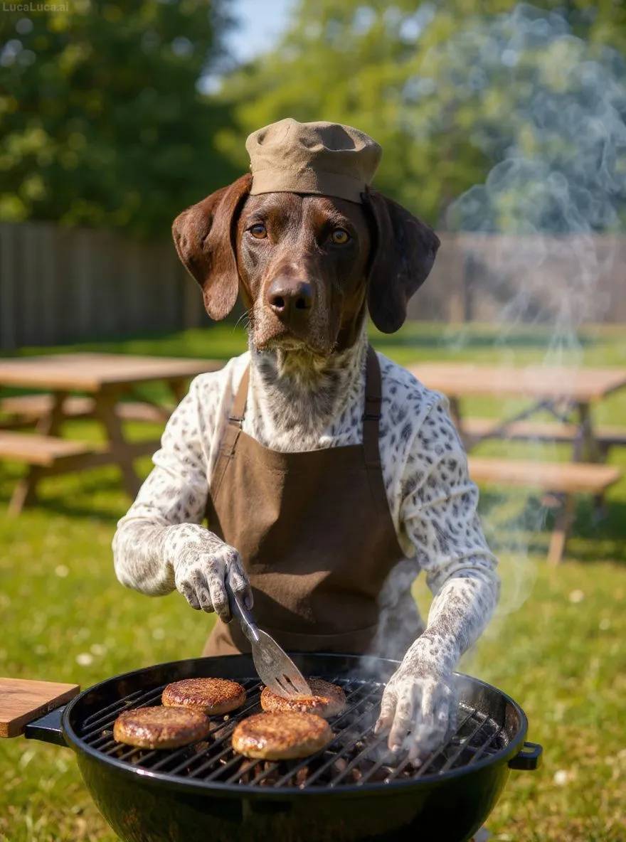 German Shorthaired Pointer dog wearing an apron flipping burgers at a backyard barbecue