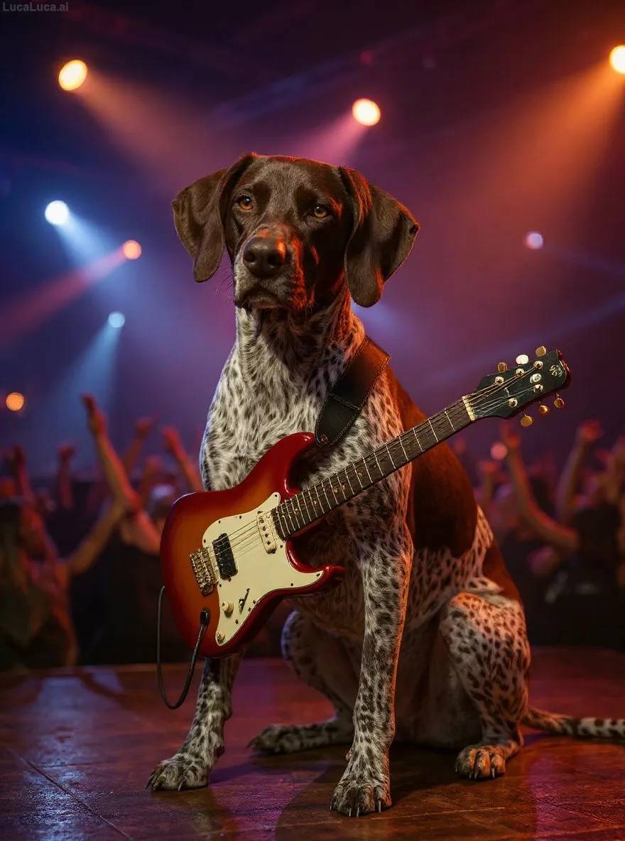 German Shorthaired Pointer dog on stage with an electric guitar under bright lights