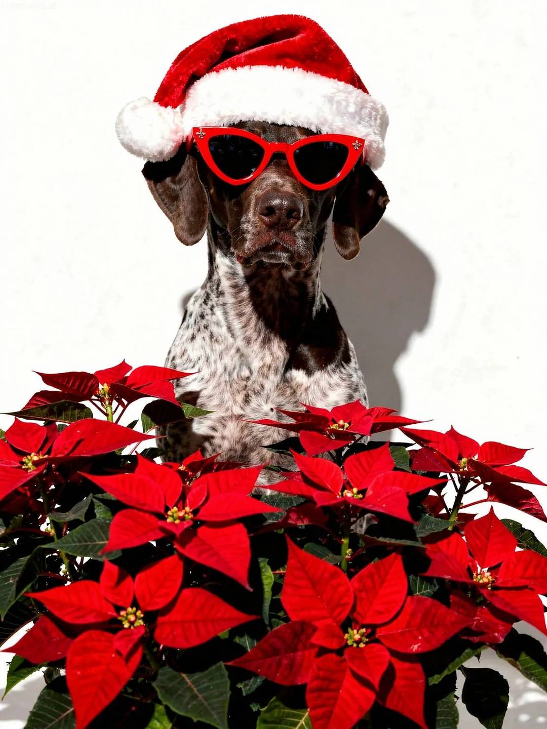 German Shorthaired Pointer dog wearing red sunglasses and Santa hat holding red poinsettias