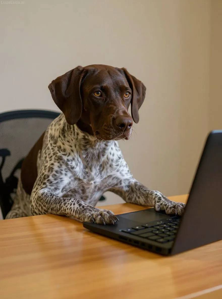 German Shorthaired Pointer dog at a desk with a laptop looking at the camera