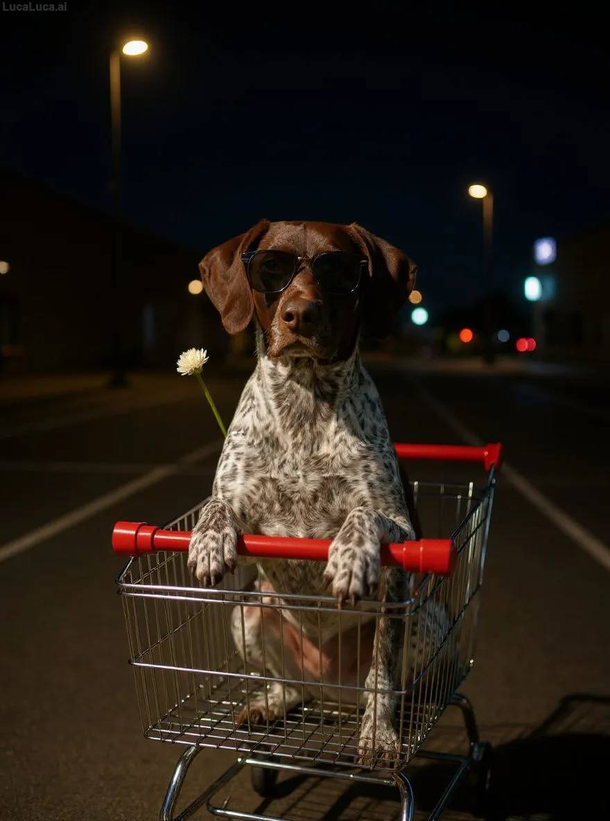 German Shorthaired Pointer dog wearing sunglasses riding in a shopping cart at night