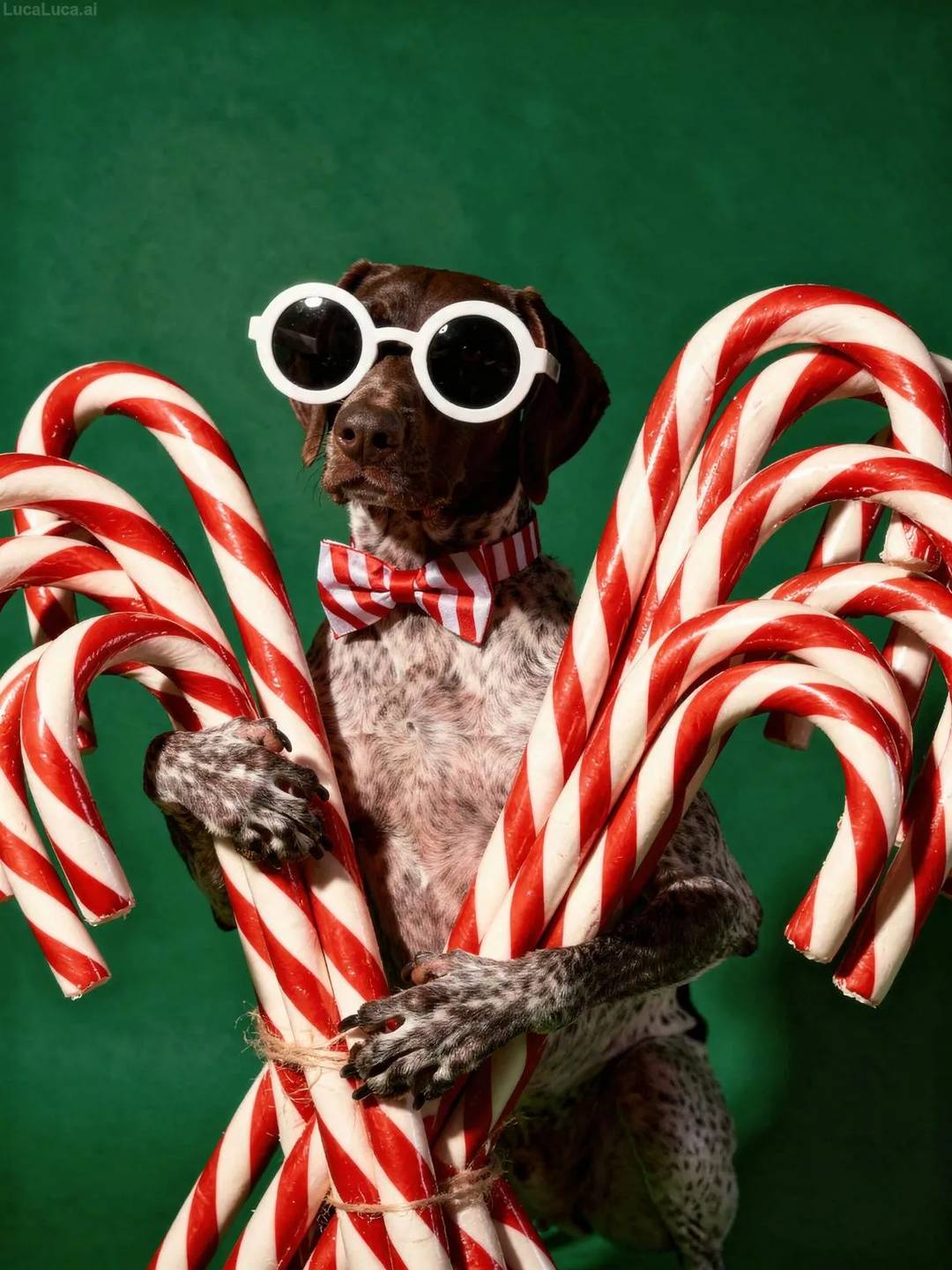 German Shorthaired Pointer dog wearing white sunglasses and striped bow tie holding candy canes