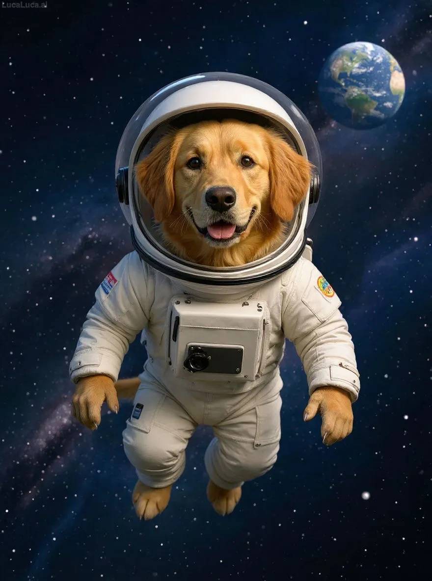 Golden Retriever dog in a space suit floating in space with Earth in the background