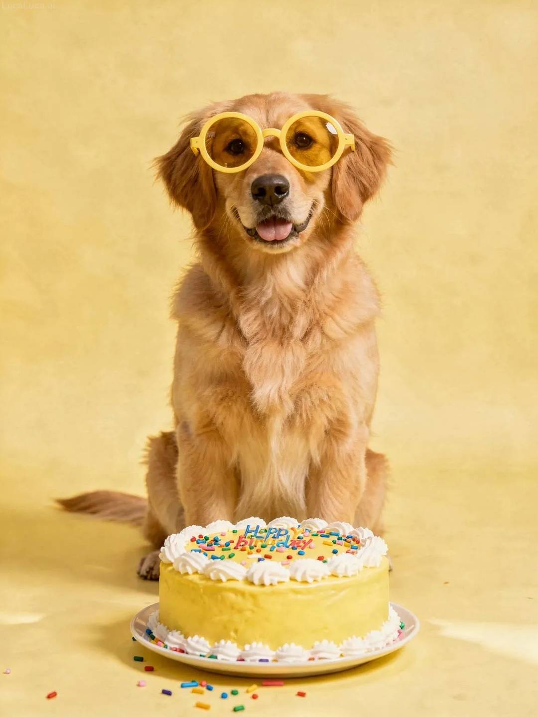 Golden Retriever dog wearing yellow sunglasses with a lemon-yellow cake and confetti