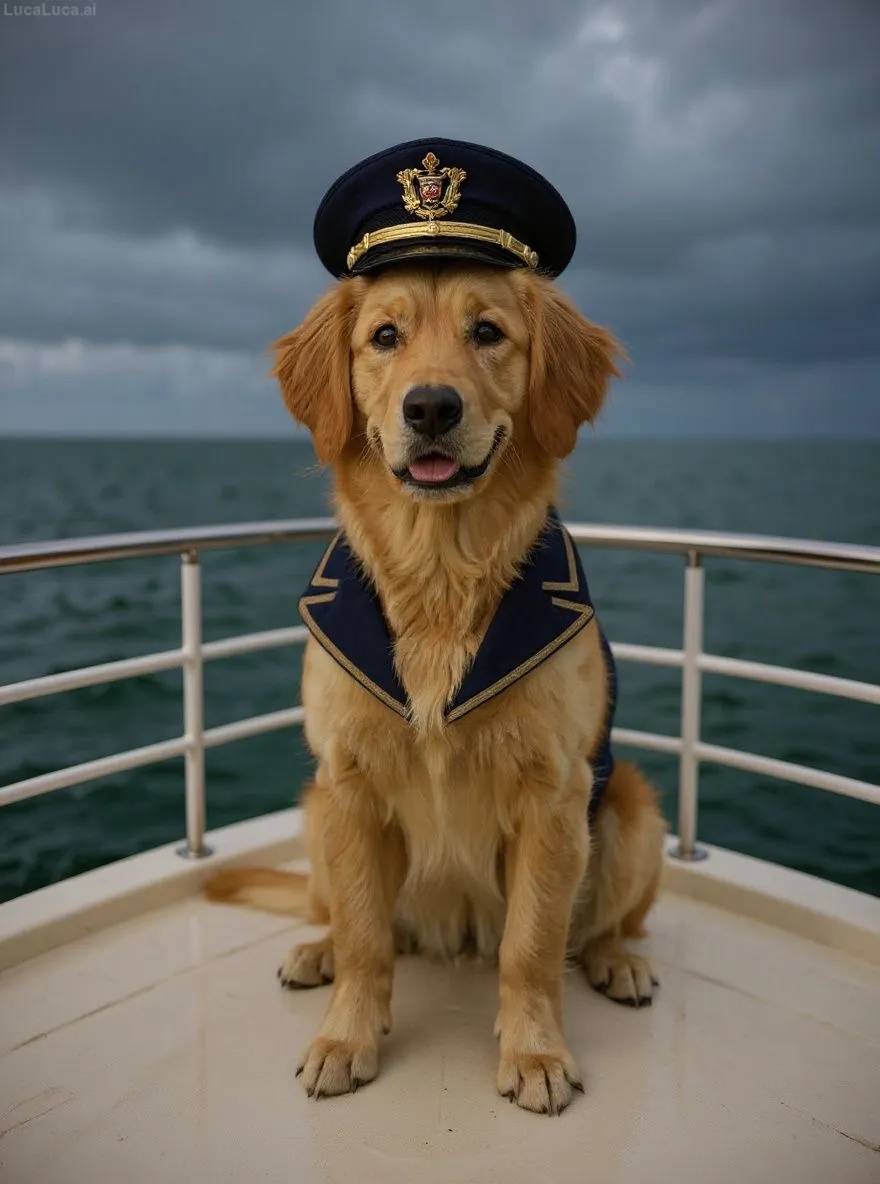 Golden Retriever dog in captain uniform on a boat deck during a storm