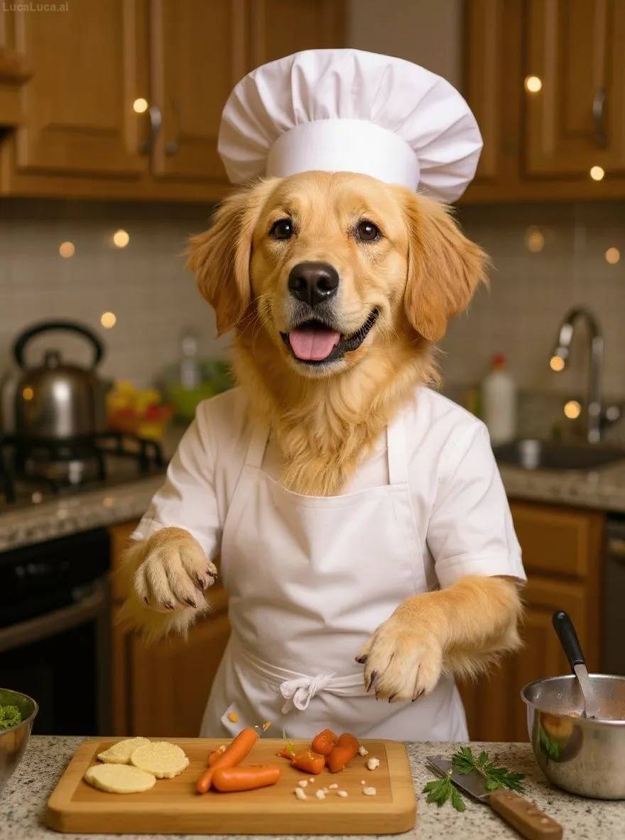 Golden Retriever dog wearing a chef hat and apron tossing ingredients in a kitchen