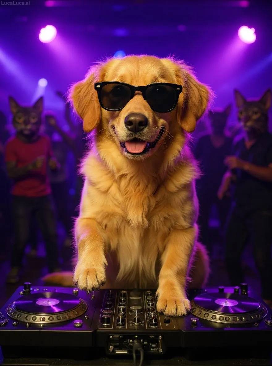 Golden Retriever dog wearing sunglasses with paws on turntables at a nightclub