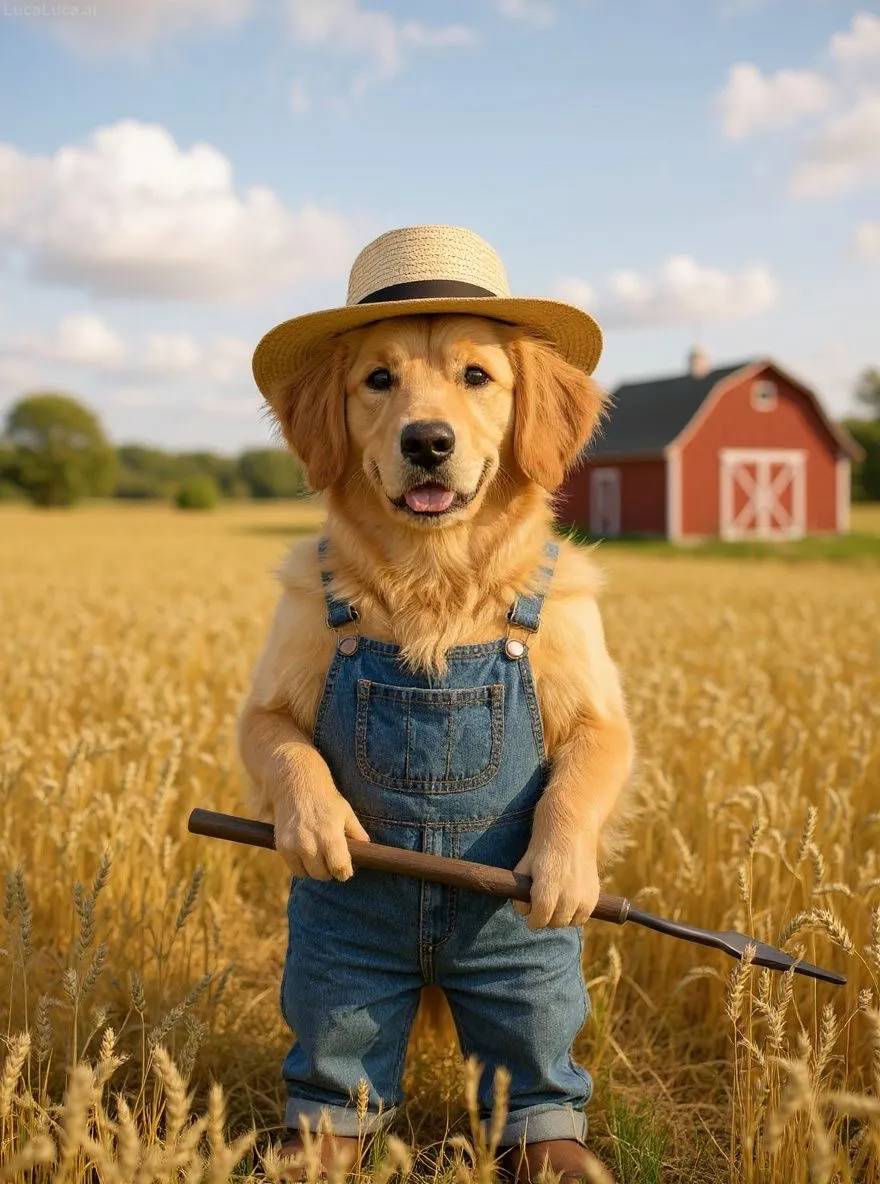 Golden Retriever dog wearing overalls and straw hat holding a pitchfork in a wheat field
