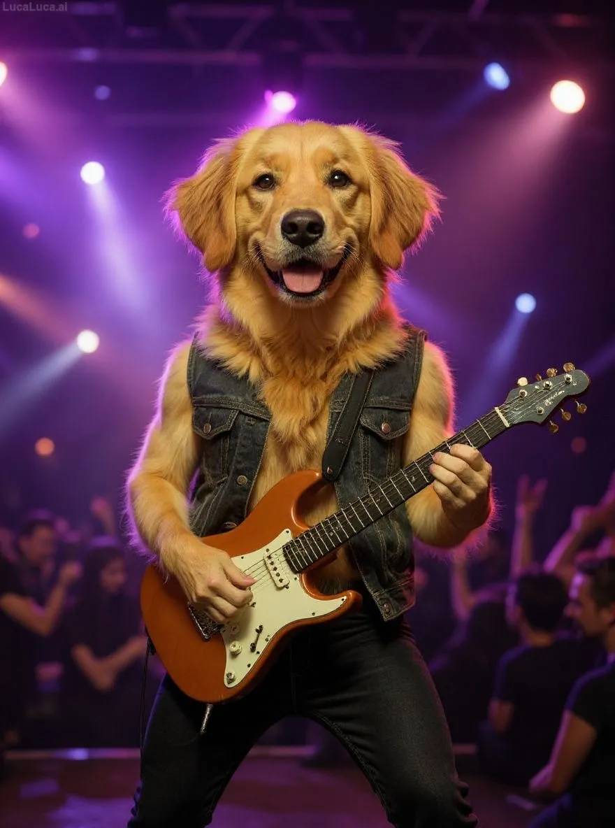 Golden Retriever dog on stage with an electric guitar under bright lights