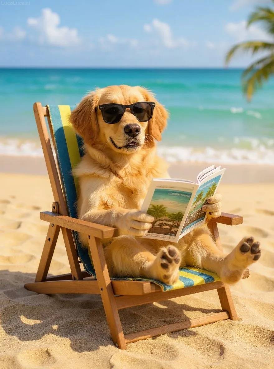 Golden Retriever dog wearing sunglasses lounging on a beach chair with a cocktail