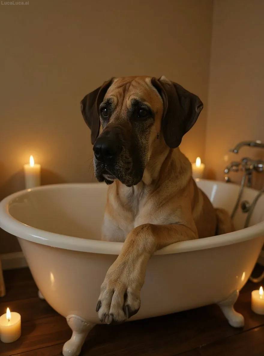 Great Dane dog lying in a bathtub surrounded by candles