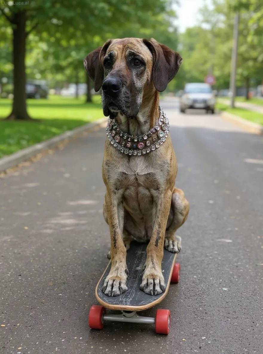 Great Dane dog as a blinged-out skater cruising down a chrome street