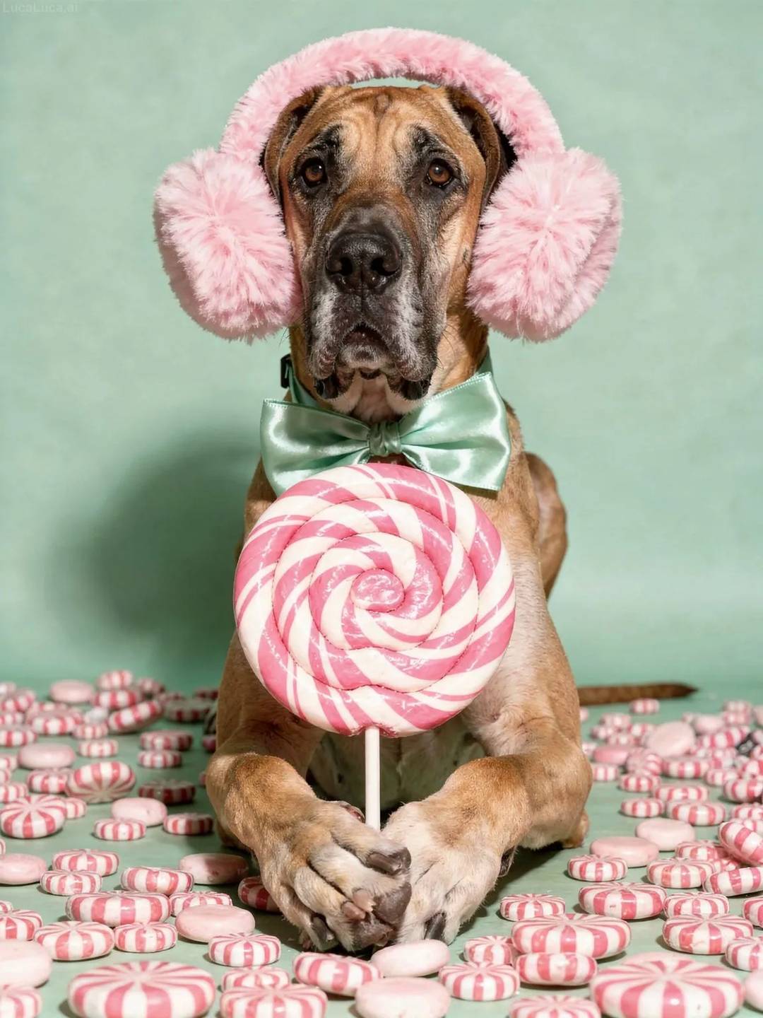 Great Dane dog wearing pink earmuffs holding a swirl lollipop and peppermints