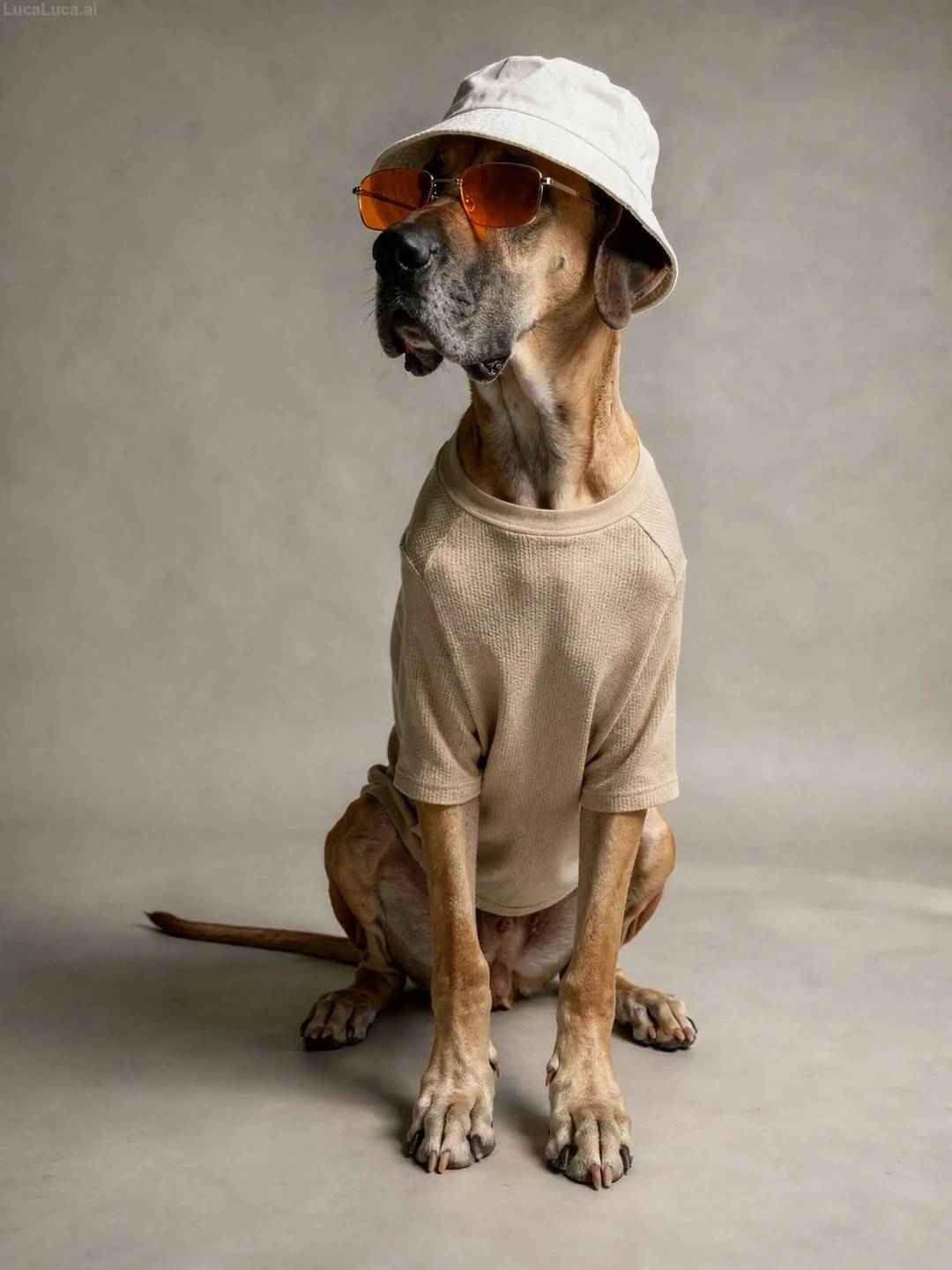 Great Dane dog wearing a beige shirt, sunglasses, and bucket hat in studio lighting