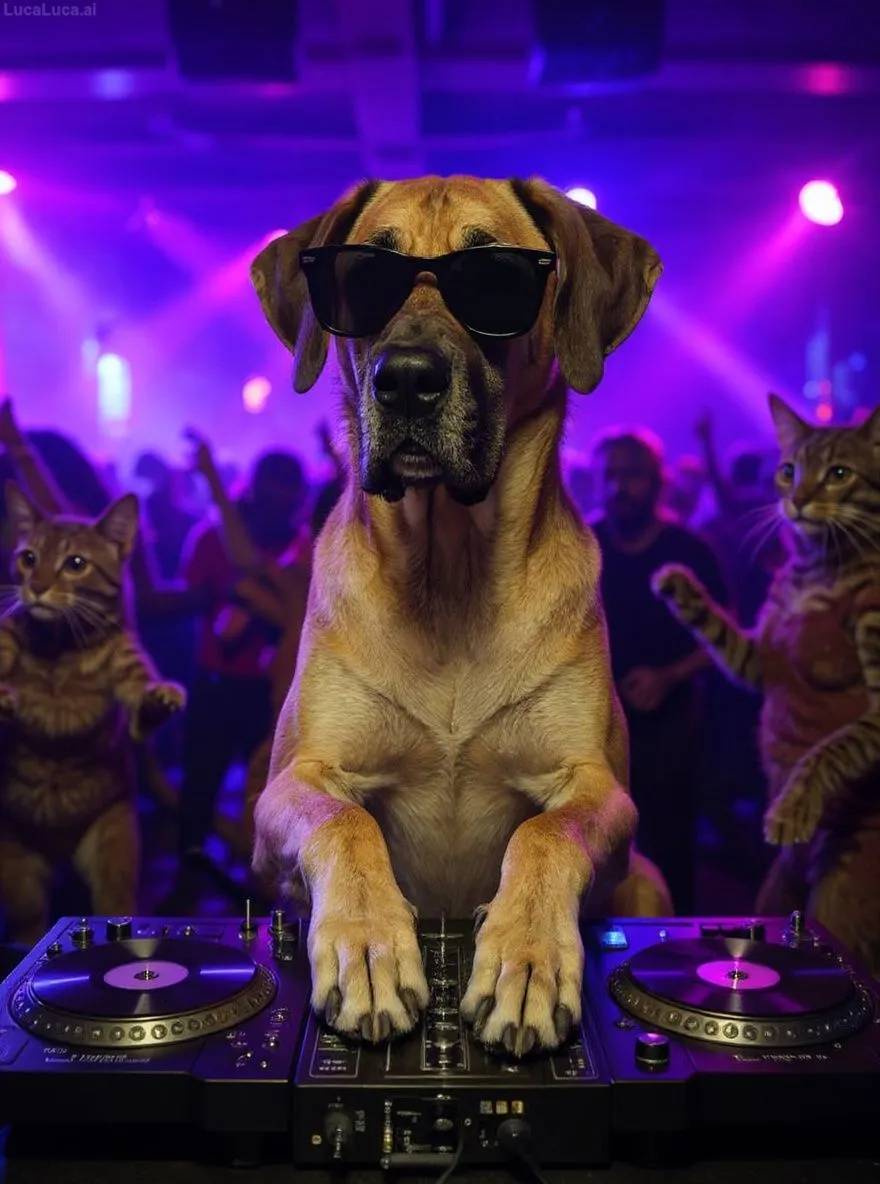 Great Dane dog wearing sunglasses with paws on turntables at a nightclub