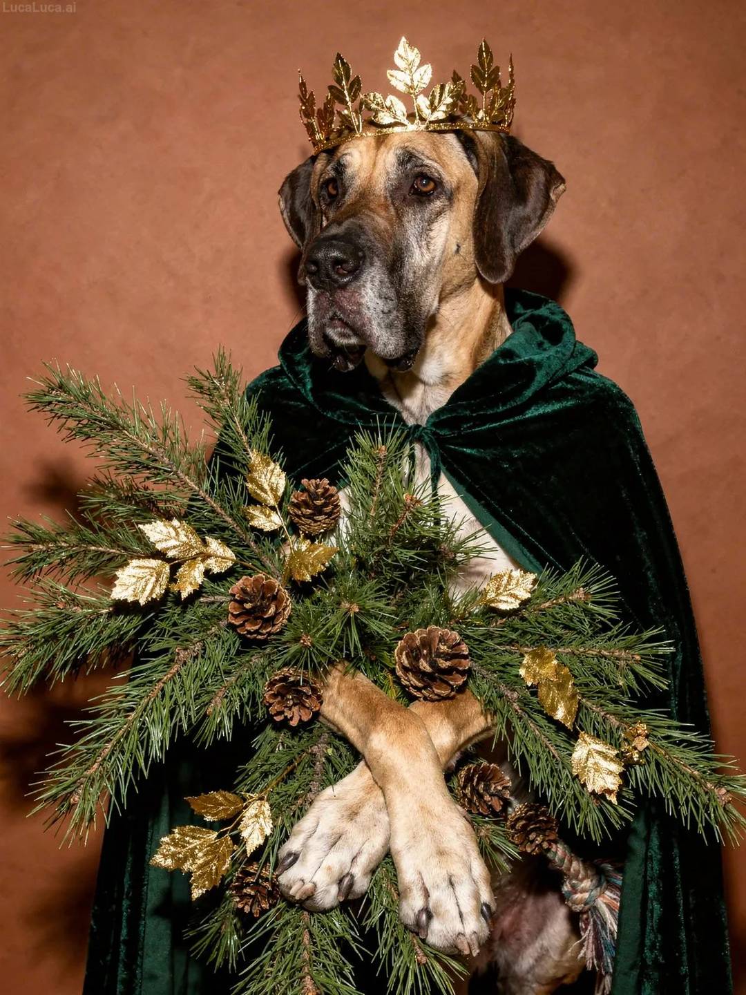 Great Dane dog wearing a gold leaf crown and emerald cape holding pine branches