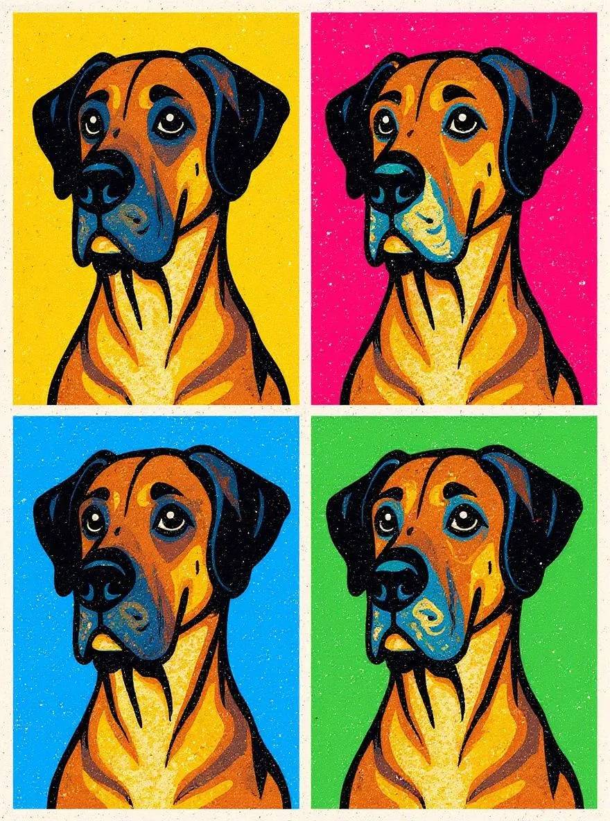 Great Dane dog portrait in pop art style repeated in a colorful grid