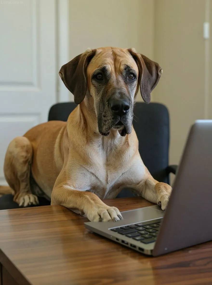 Great Dane dog at a desk with a laptop looking at the camera