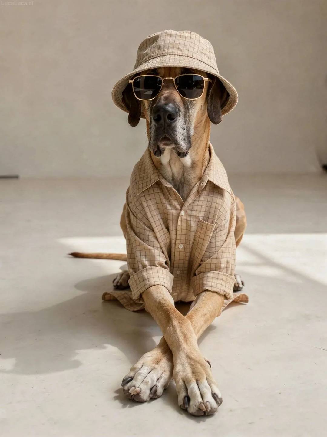 Great Dane dog wearing a checkered shirt, sunglasses, and bucket hat in studio