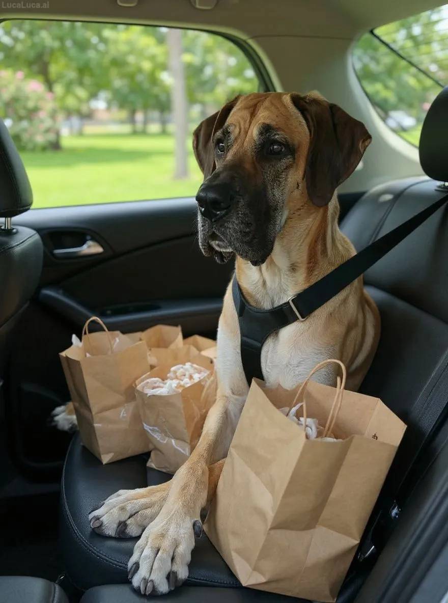 Great Dane dog in a car passenger seat surrounded by takeout bags