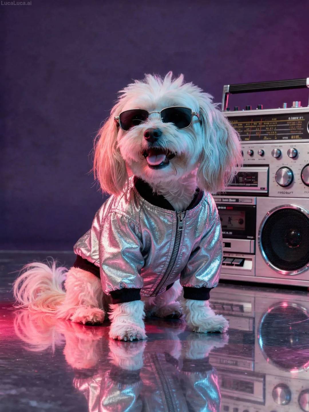 Havanese dog in a metallic silver bomber jacket next to a boombox with neon lighting