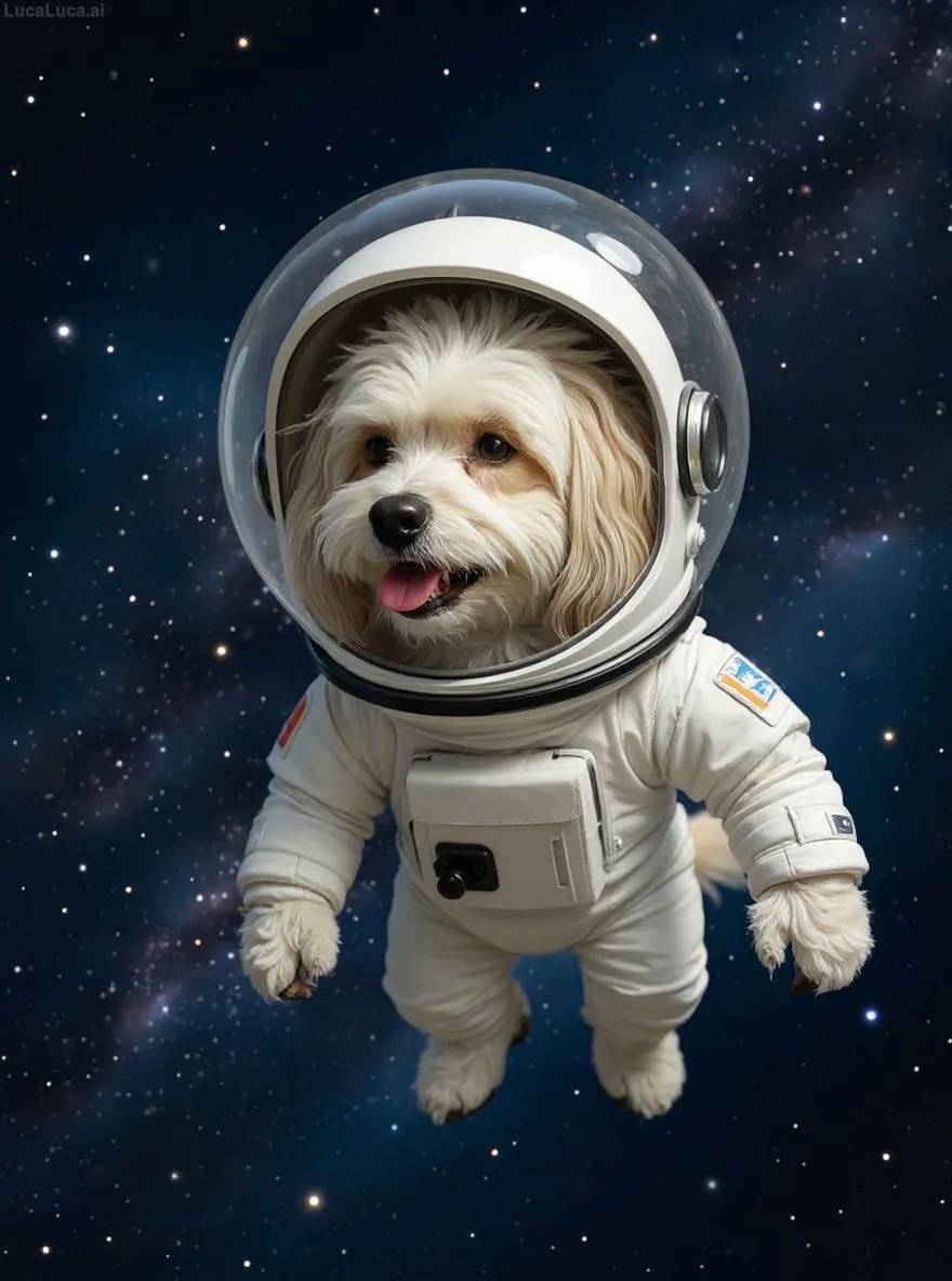 Havanese dog in a space suit floating in space with Earth in the background