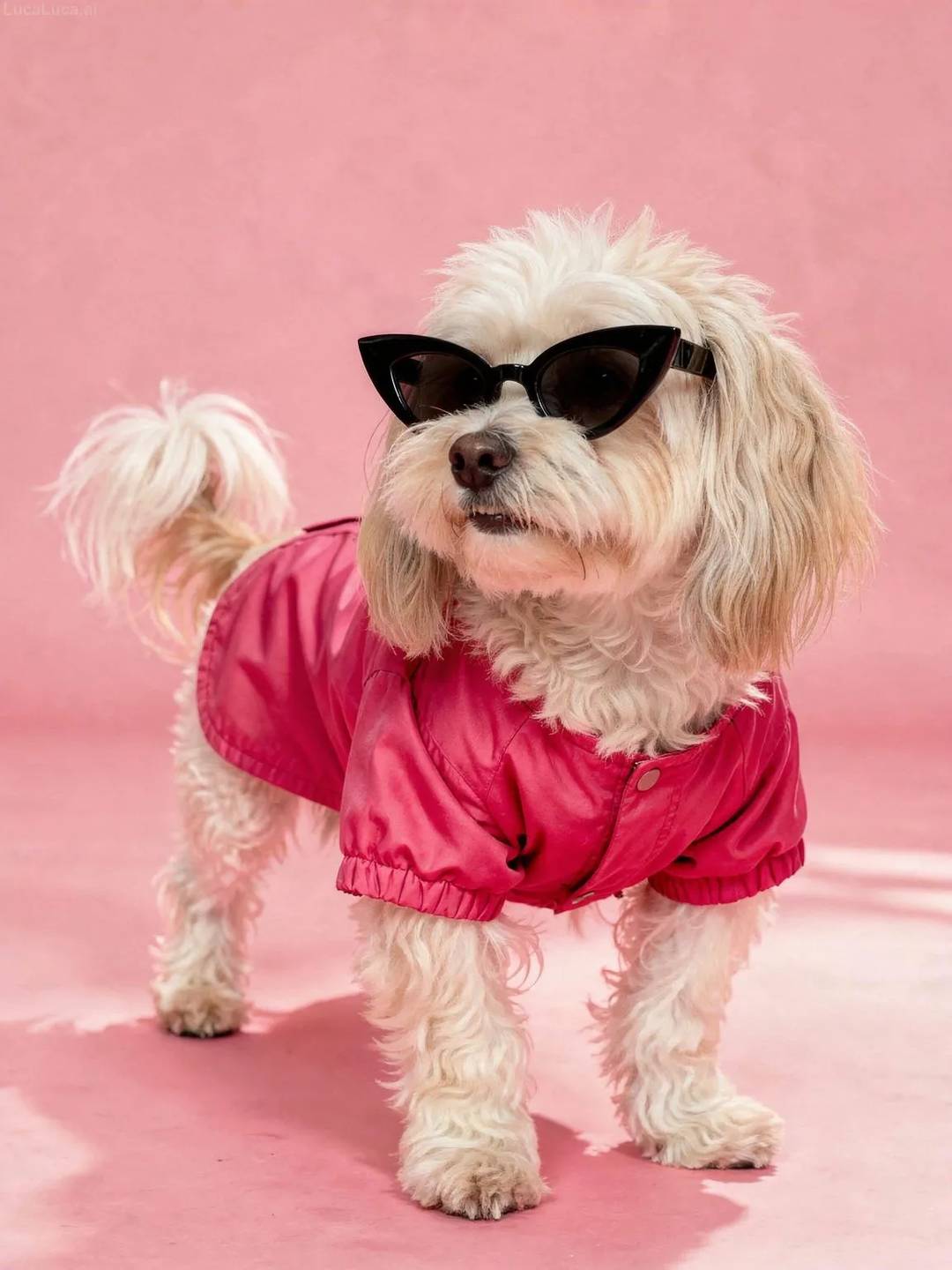 Havanese dog wearing a pink jacket and cat-eye sunglasses on a pink background
