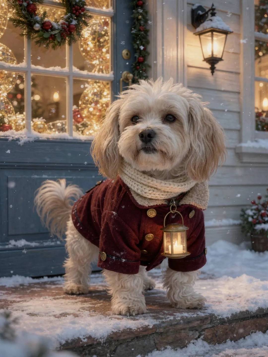 Havanese dog in a burgundy coat holding a candle lantern on a snowy doorstep