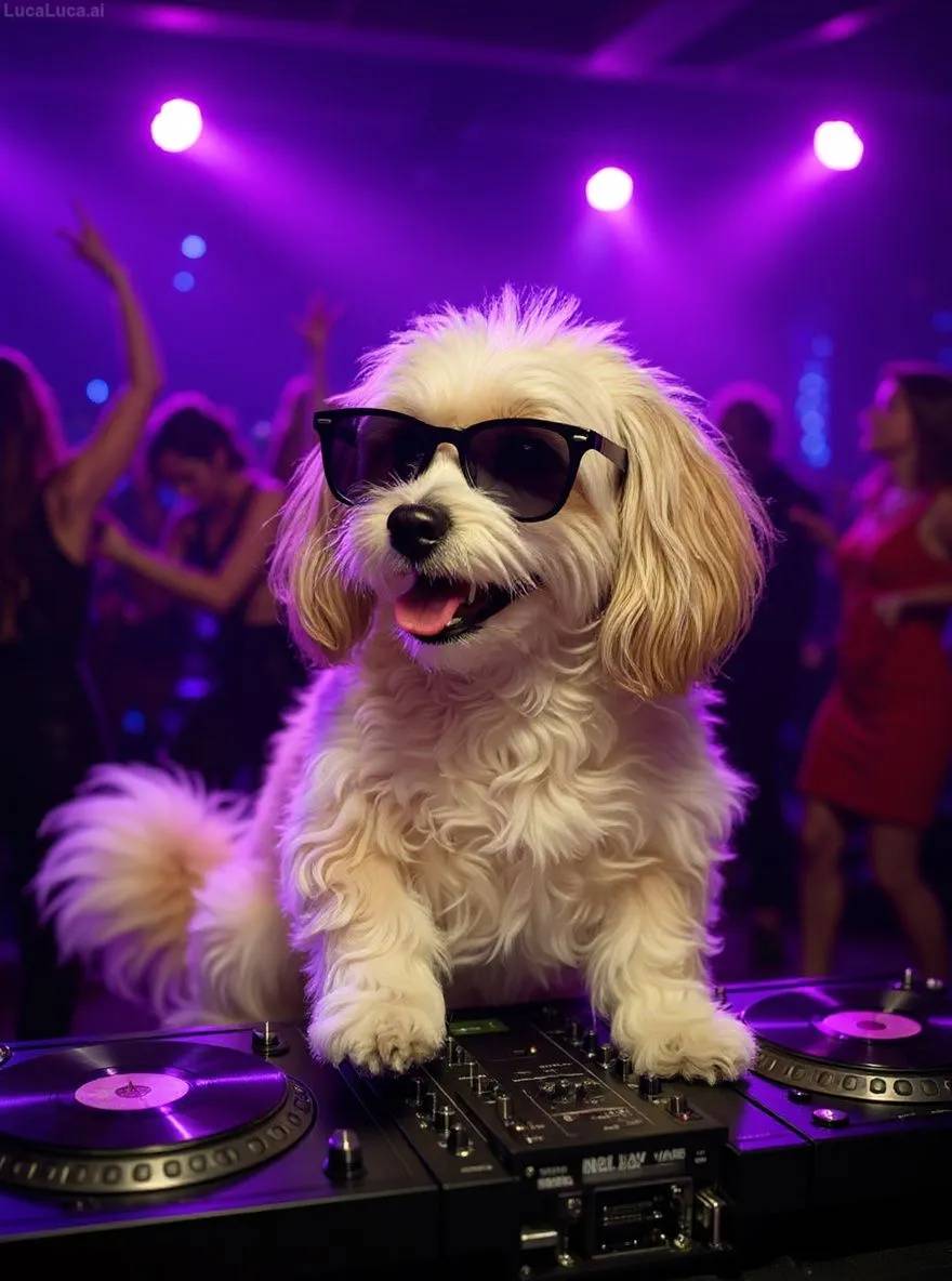 Havanese dog wearing sunglasses with paws on turntables at a nightclub
