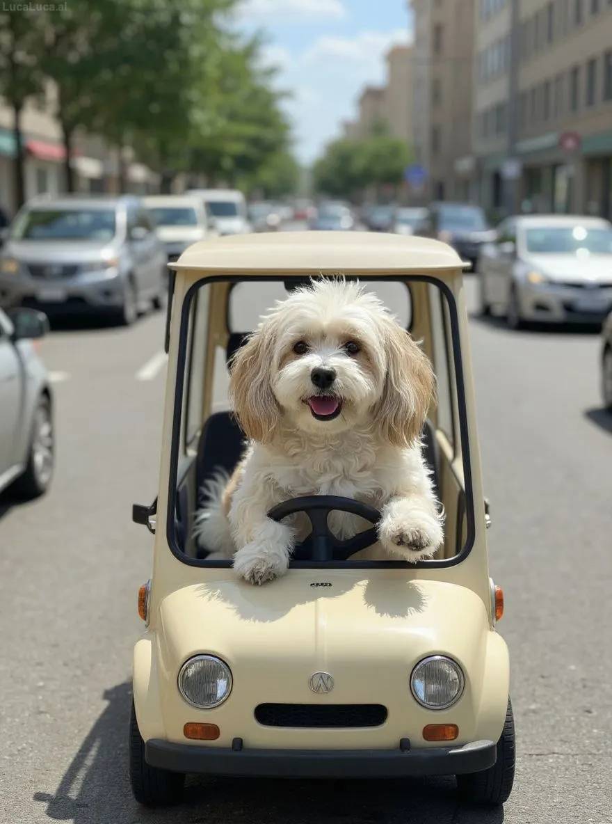Havanese dog behind the wheel of a car holding a coffee cup