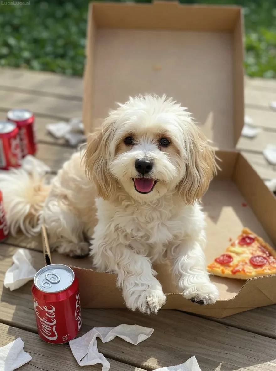 Havanese dog curled up in an empty pizza box surrounded by soda cans