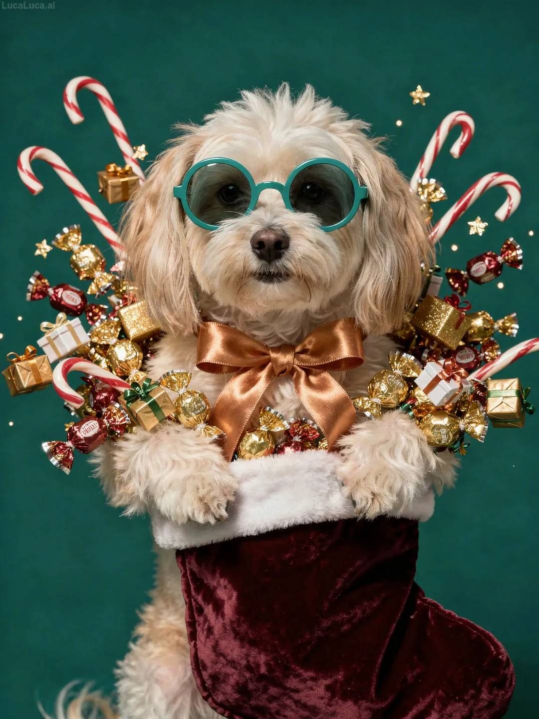 Havanese dog wearing teal sunglasses holding a Christmas stocking with candies