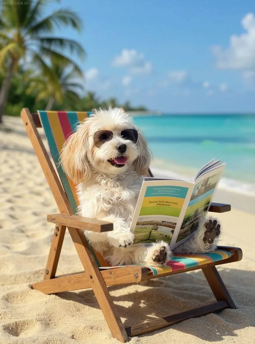 Havanese dog wearing sunglasses lounging on a beach chair with a cocktail