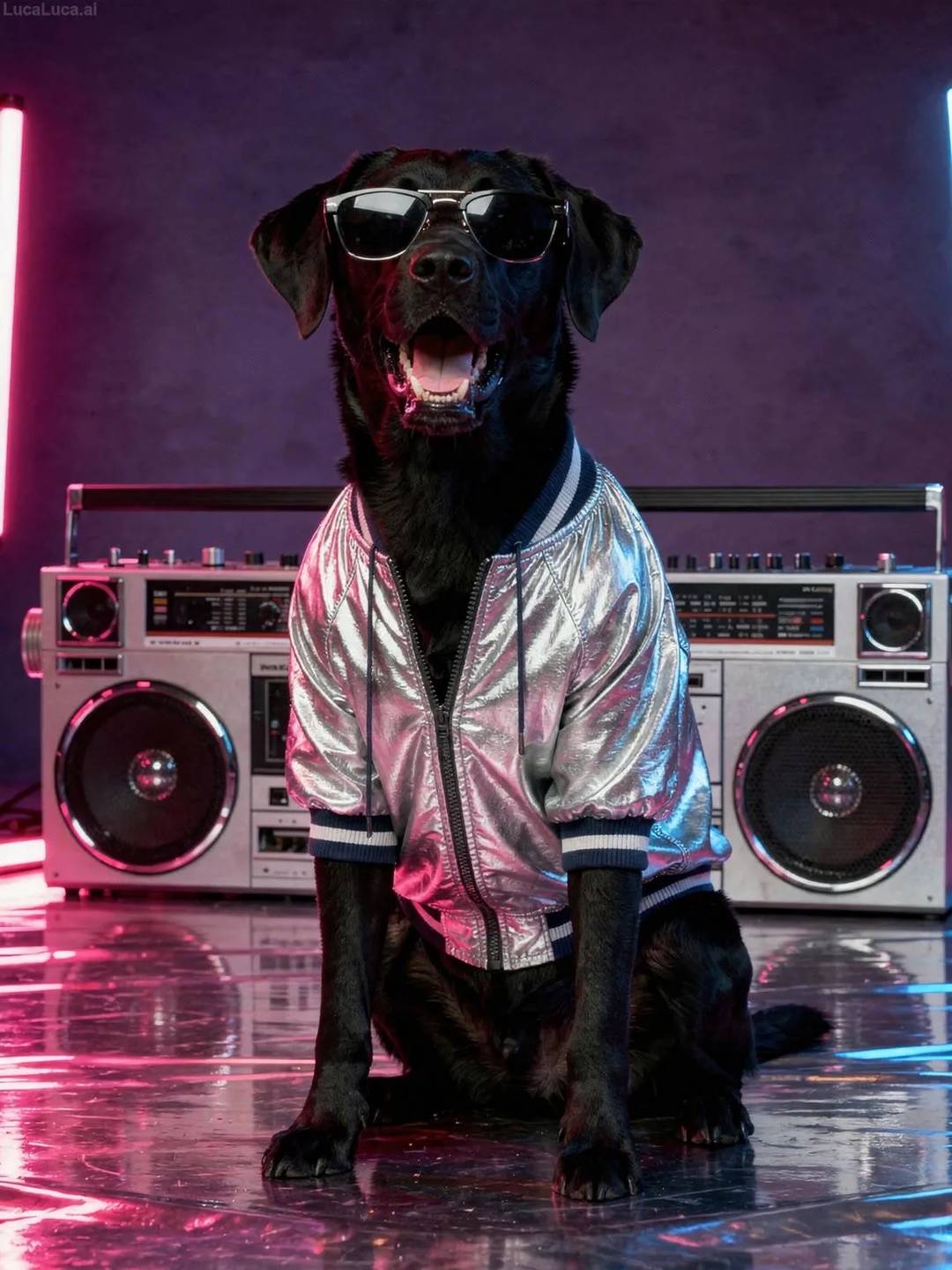 Labrador Retriever dog in a metallic silver bomber jacket next to a boombox with neon lighting