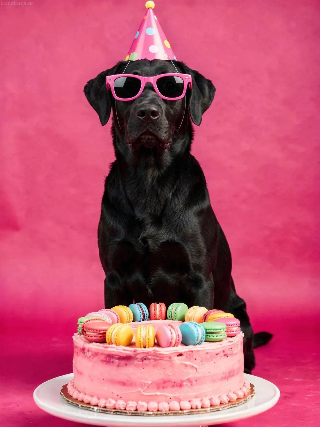 Labrador Retriever dog wearing pink sunglasses and party hat with a strawberry cake