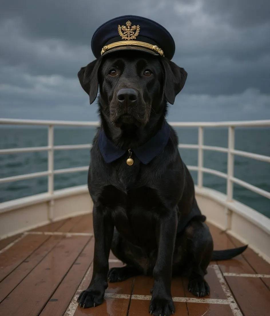 Labrador Retriever dog in captain uniform on a boat deck during a storm