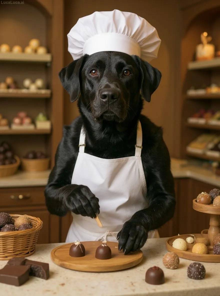 Labrador Retriever dog in a white apron decorating chocolate truffles in a chocolate shop