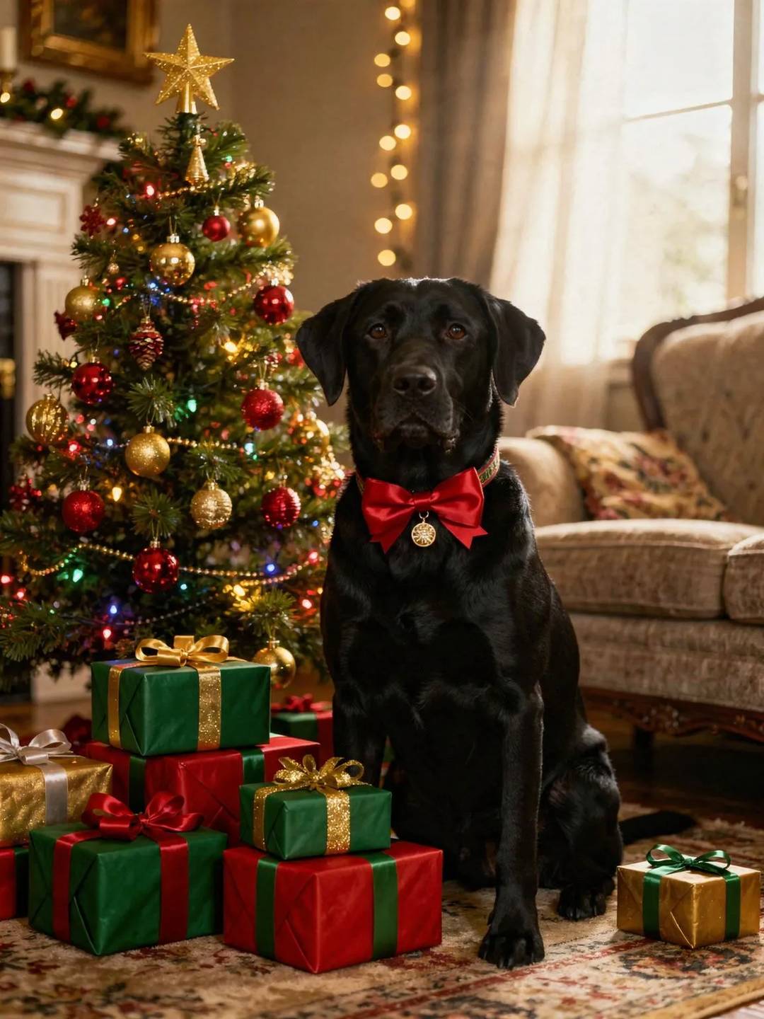 Labrador Retriever dog sitting beside a decorated Christmas tree with wrapped presents