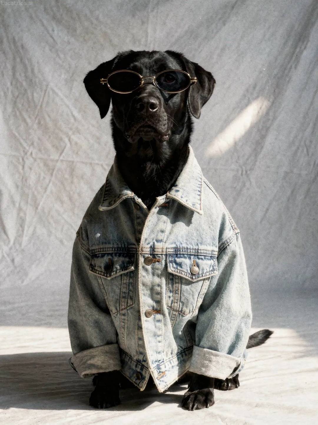 Labrador Retriever dog wearing denim clothing in a casual portrait