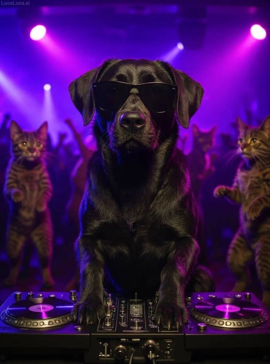 Labrador Retriever dog wearing sunglasses with paws on turntables at a nightclub