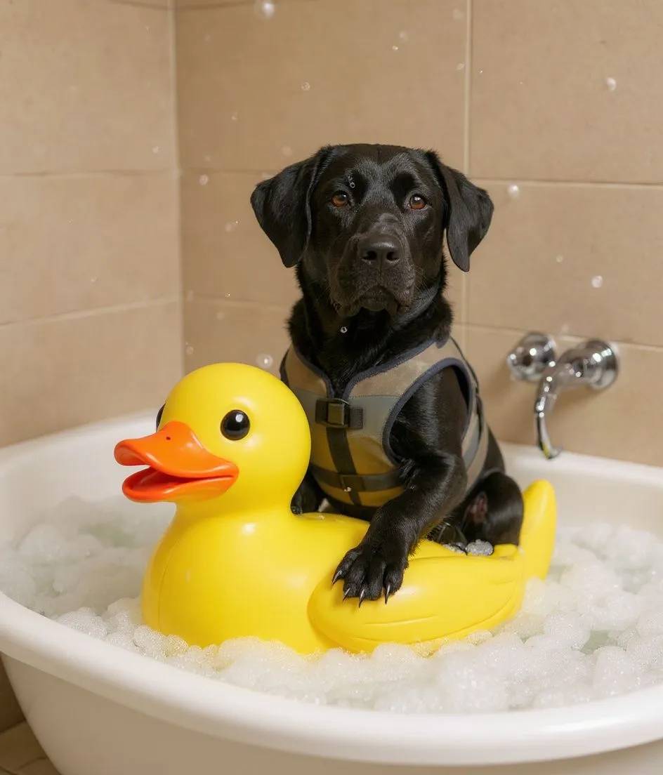 Labrador Retriever dog wearing a tiny life jacket riding a giant rubber duck in bubbles