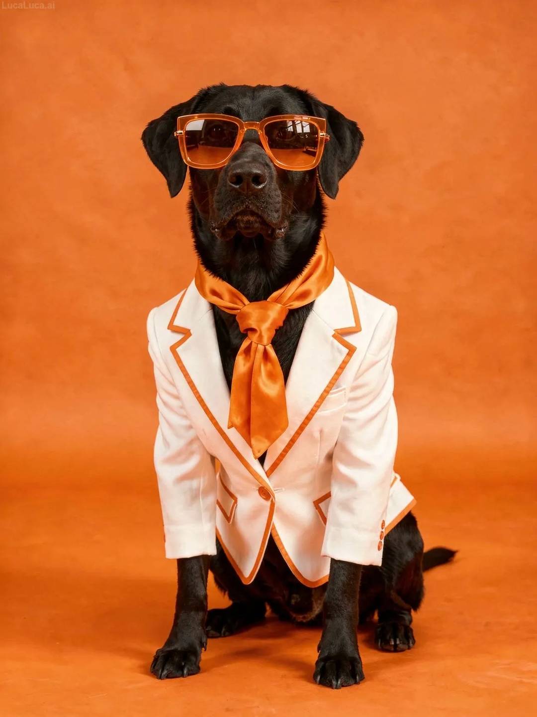 Labrador Retriever dog wearing orange sunglasses and white suit on an orange background